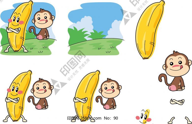 卡通可爱猴子和香蕉矢量素材