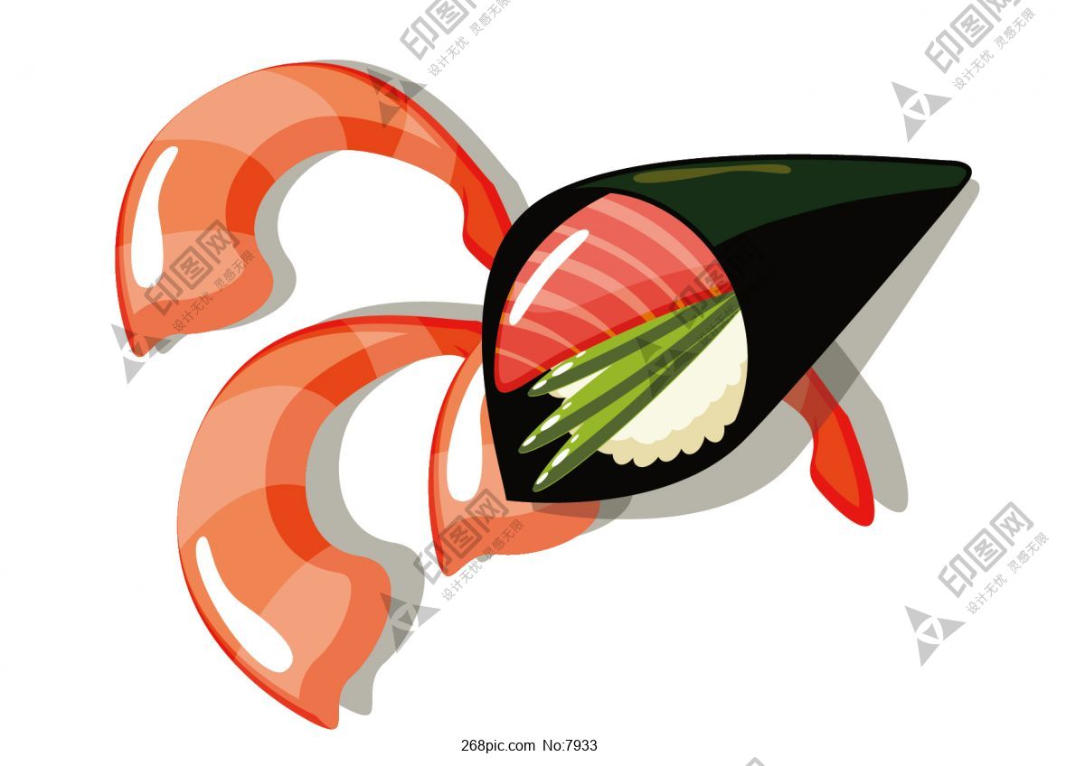 手绘矢量虾仁海苔寿司美味素材