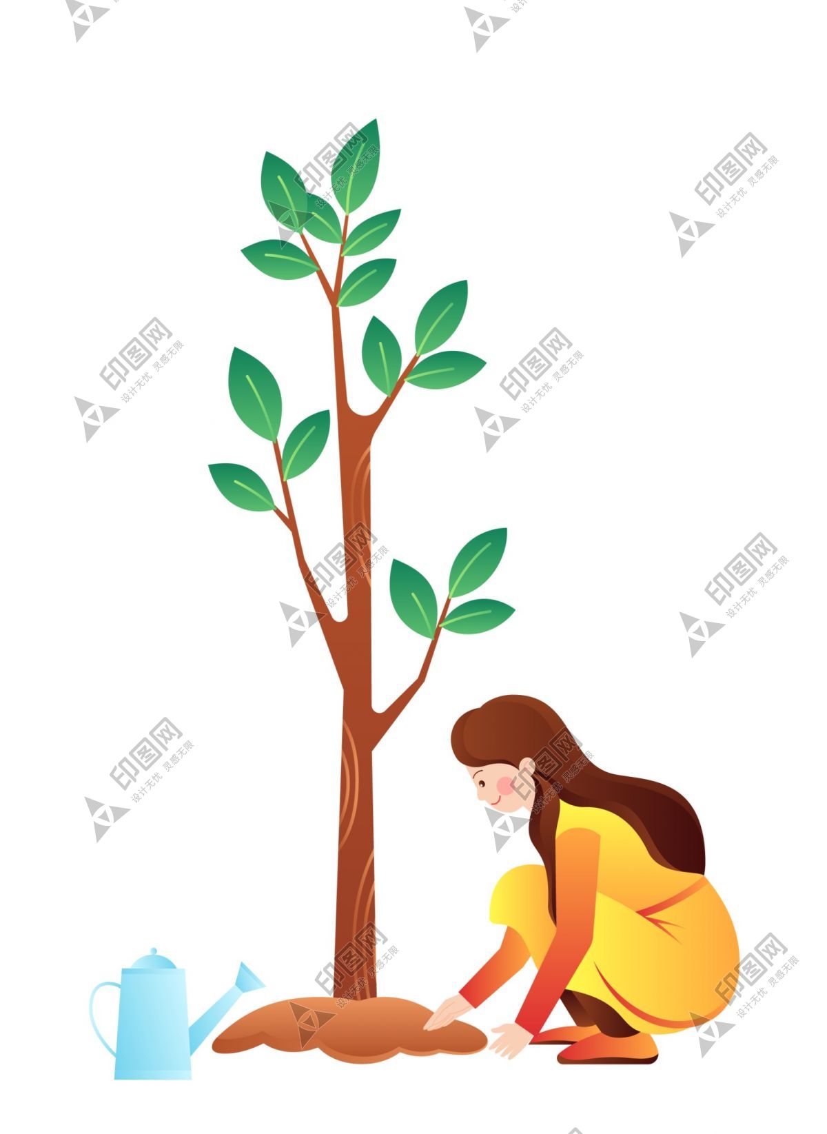 手绘插画种植的女孩植树节免抠元素