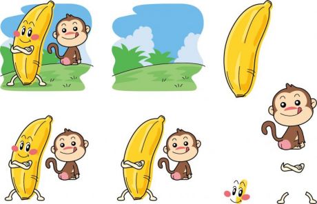 卡通可爱猴子和香蕉矢量素材