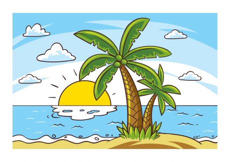 彩绘棕榈树大海风景矢量素材