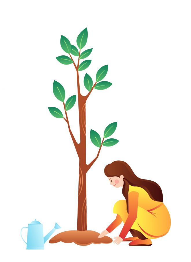 手绘插画种植的女孩植树节免抠元素