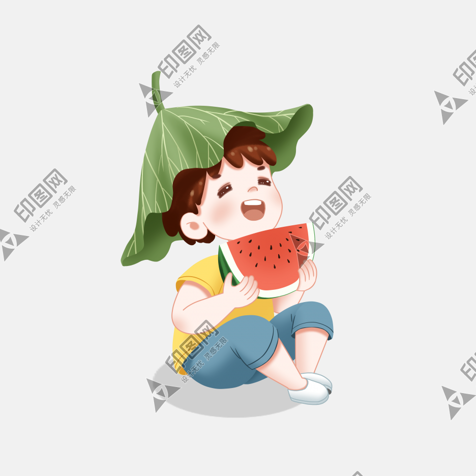 头顶荷叶吃西瓜的男孩