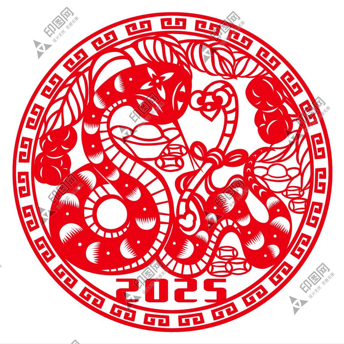 紅色喜慶蛇年窗花年年有余蛇年剪紙?jiān)? width=