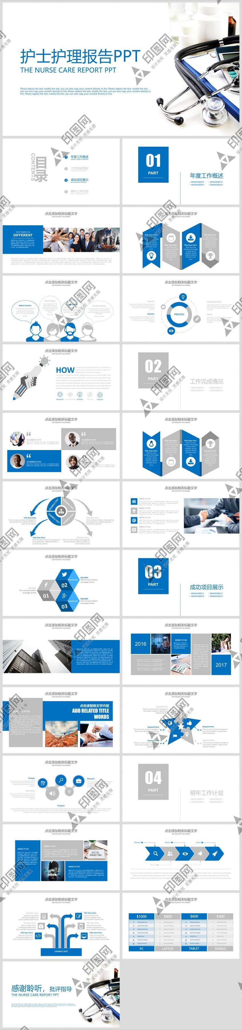 蓝灰经典护士护理报告专用 PPT 模板精选